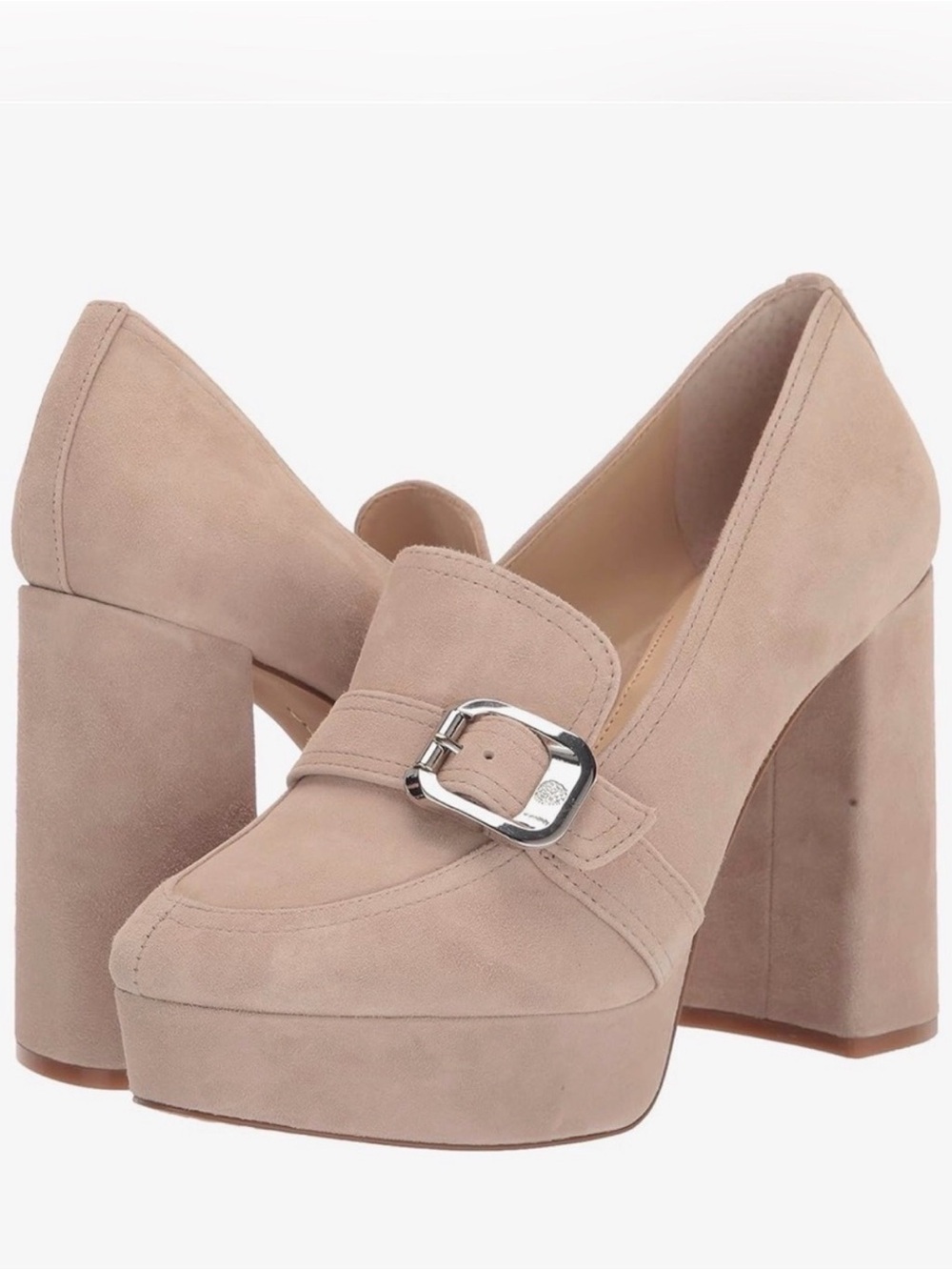 Vince Camuto Almond Beige Suede Platform Loafers with Silver Buckle
